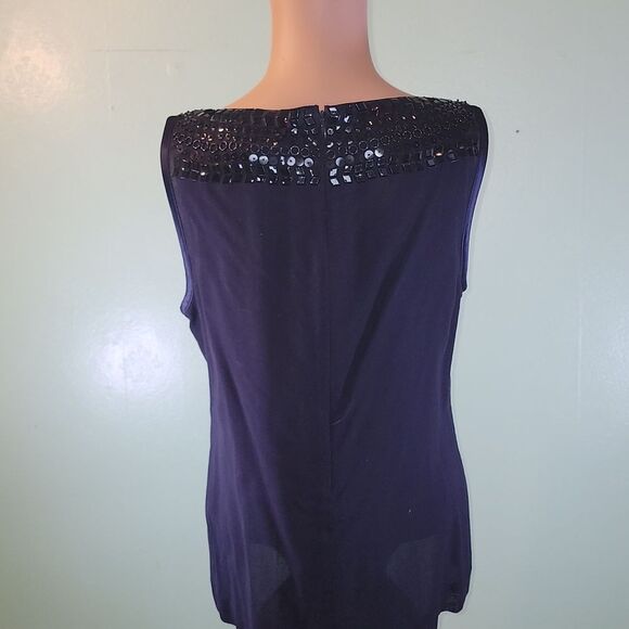 Tory Burch Navy Blue Wool Blend Sequins Beaded Sleeveless Zip Up Blouse Shirt 8 - Picture 2 of 4